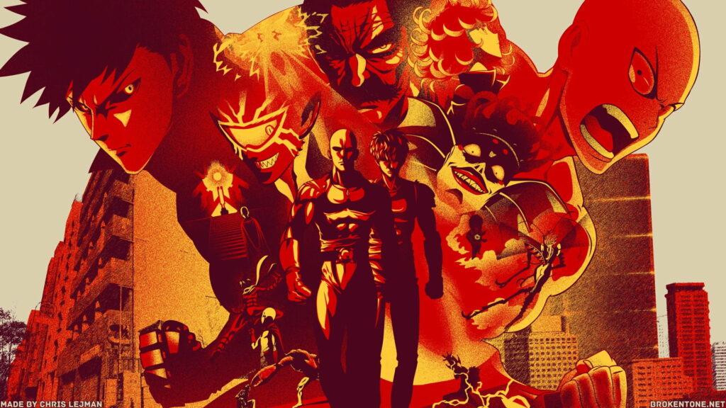 One Punch Man Dynamic Duo: Saitama and Genos in Action-packed Illustration Wallpaper
