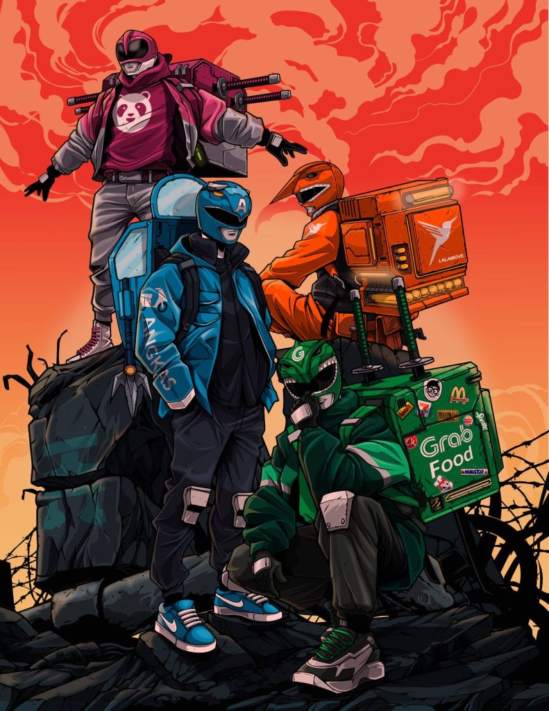 Four delivery riders in Foodpanda Angkas Lalamove GrabFood gear at post-apocalyptic sunset Wallpaper