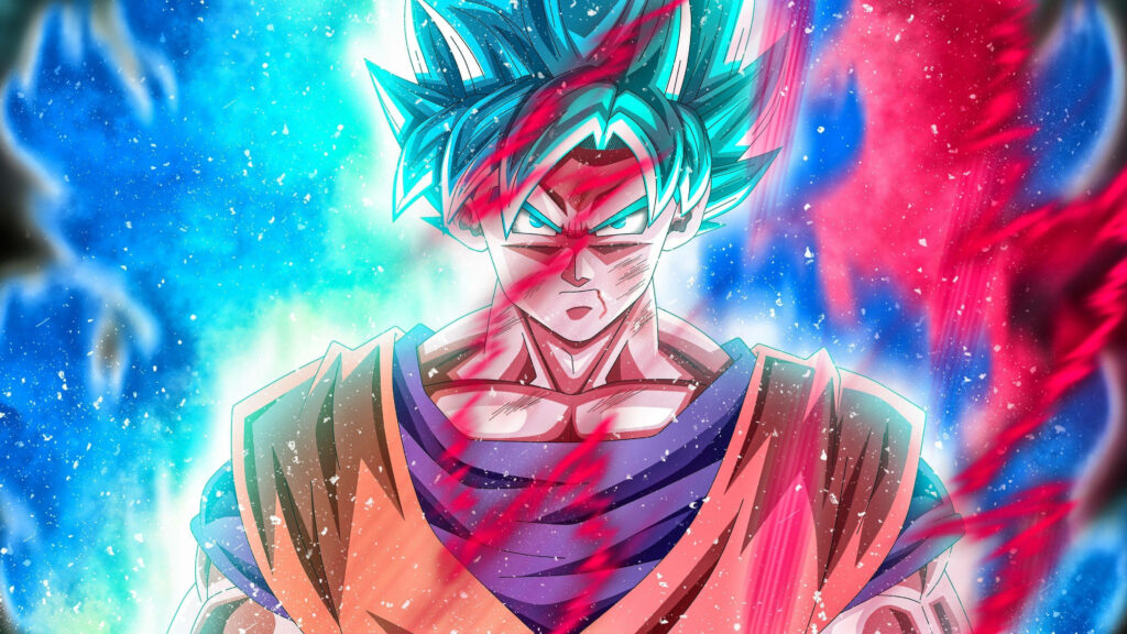 Son Goku Super Saiyan Blue 4K wallpaper vibrant blue energy aura glowing eyes anime background