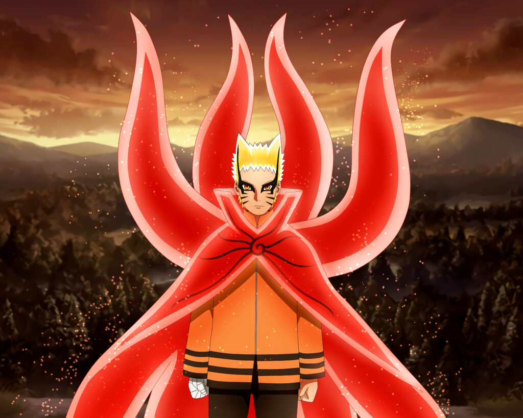 Glorious Naruto Baryon Mode: Embers Ignite His Power Amidst Majestic Mountain Backdrop Wallpaper