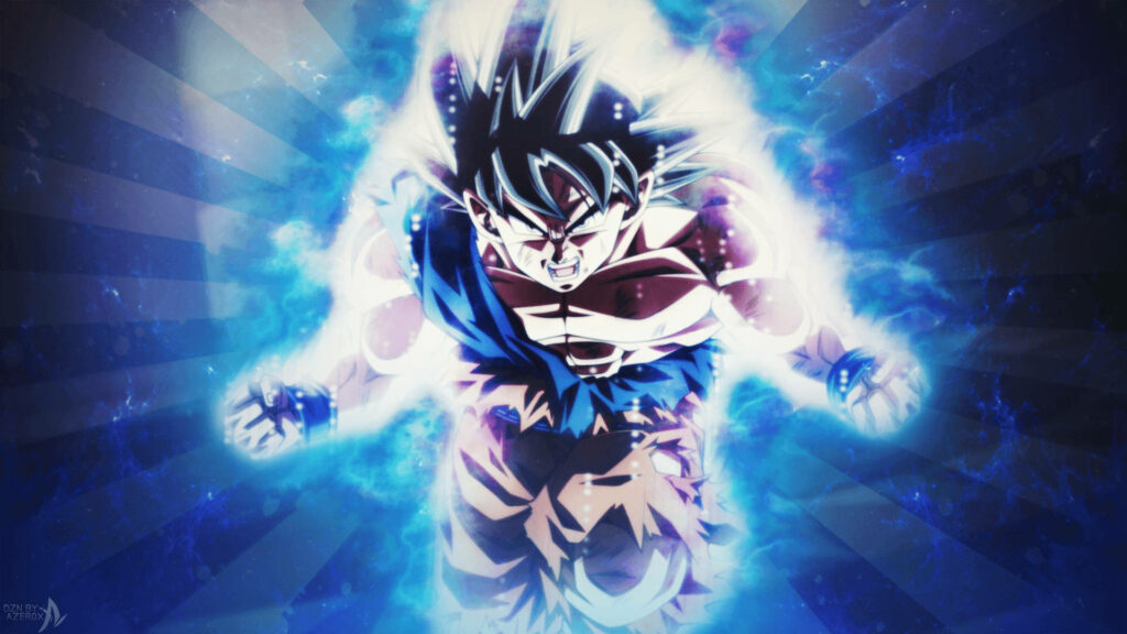 Powerful and Lighting-Fueled Battle Stance: Ultra Instinct Goku's Dynamic Combat Posture Wallpaper