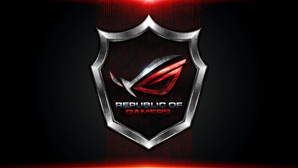 ASUS ROG logo metallic shield with red glow on sleek black digital textured wallpaper background