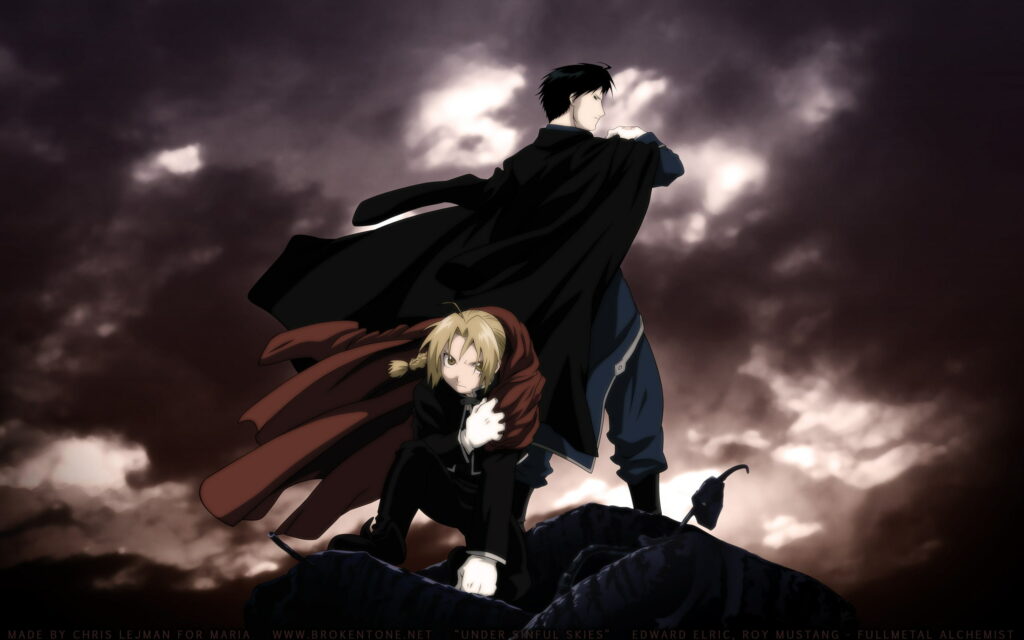 Alchemy Rivals Unite: Elric Edward and Roy Mustang in Anime's Epic Showdown - QHD Wallpaper Background Photo