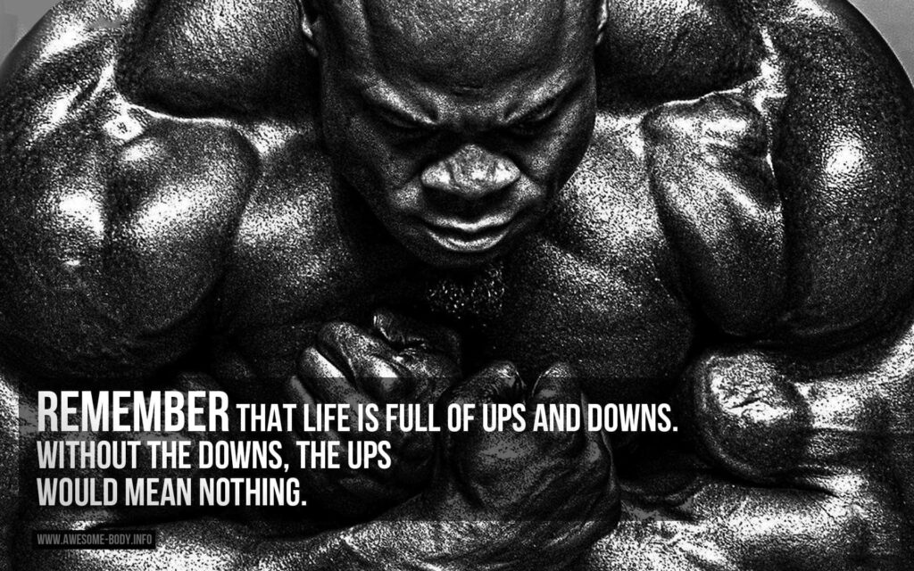 Muscular bodybuilder flexing black and white wallpaper with inspirational perseverance quote background
