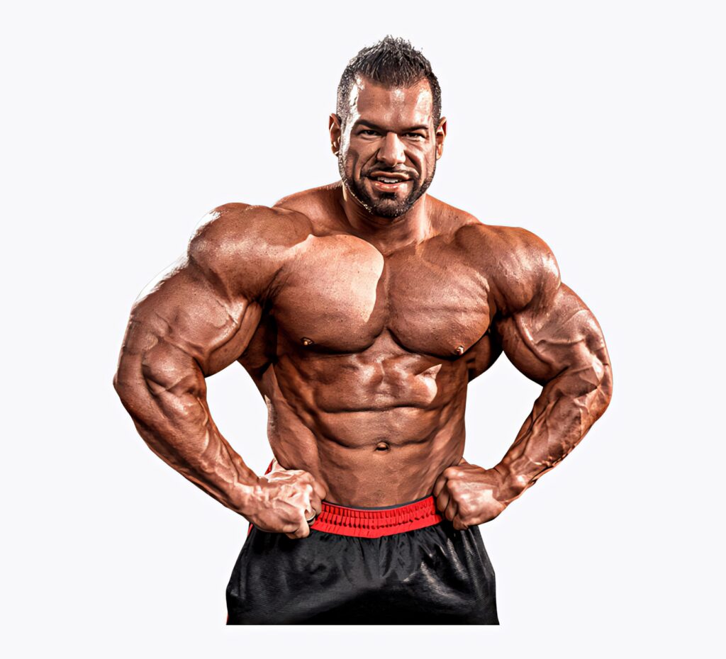 Bodybuilder with massive biceps and chiseled physique poses confidently fitness inspiration wallpaper