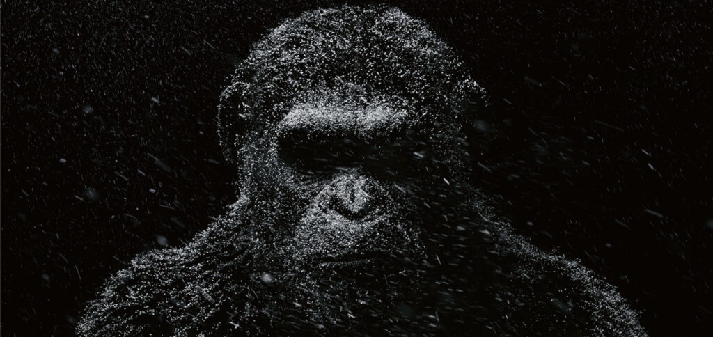 Powerful Caesar chimpanzee dark wallpaper with dramatic lighting and detailed fur textures