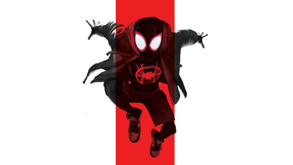 Dynamic Miles Morales Spider-Man Wallpaper with Bold Red Stripe - Action-Packed Pose in Spider-Verse Costume