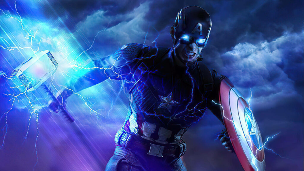 Powerful Avengers: The Legendary Captain America with Mjolnir, Illuminated by Blue-Glazed Eyes on Cloudy Skies Wallpaper