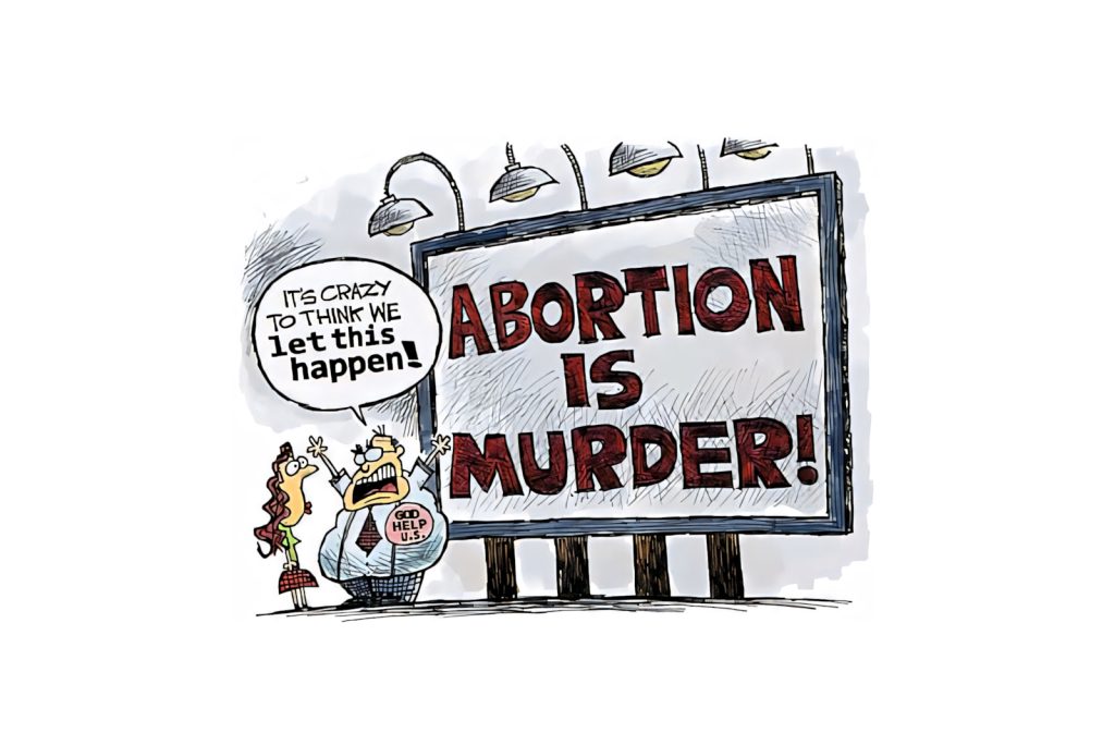 Editorial cartoon with man in God Help US tie pointing at abortion is murder billboard background Wallpaper
