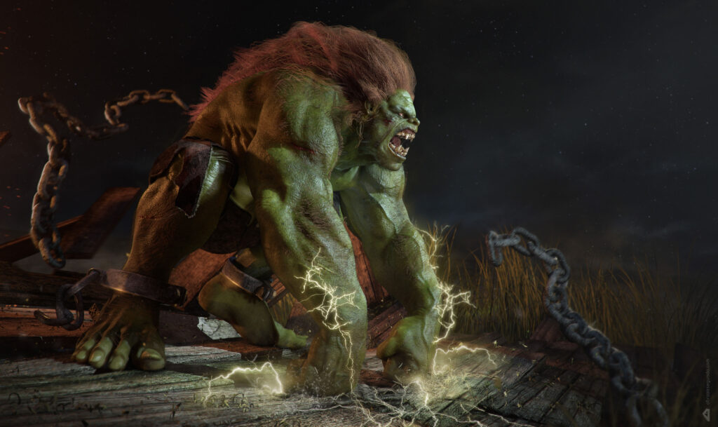 Powerful Green Monster Breaking Free: Intense Wallpaper Art