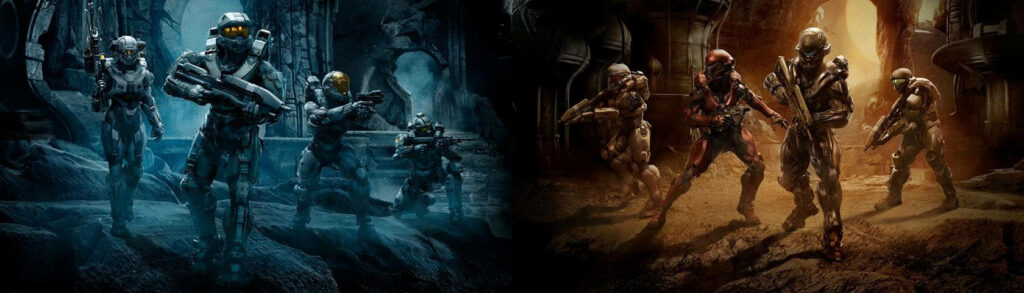 Defending Humanity: A Dual Screen Wallpaper of Halo 5 Guardians, Uniting Soldiers in Futuristic Powered Armors