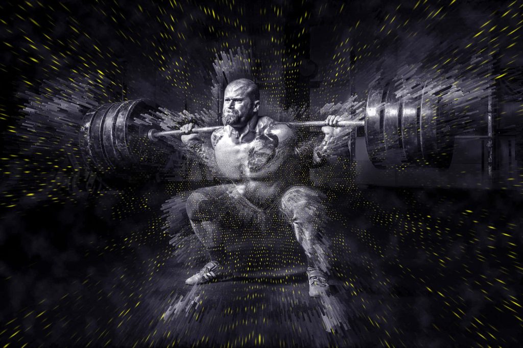 Muscular athlete performing heavy barbell squat black and white with yellow motion streaks gym art Wallpaper