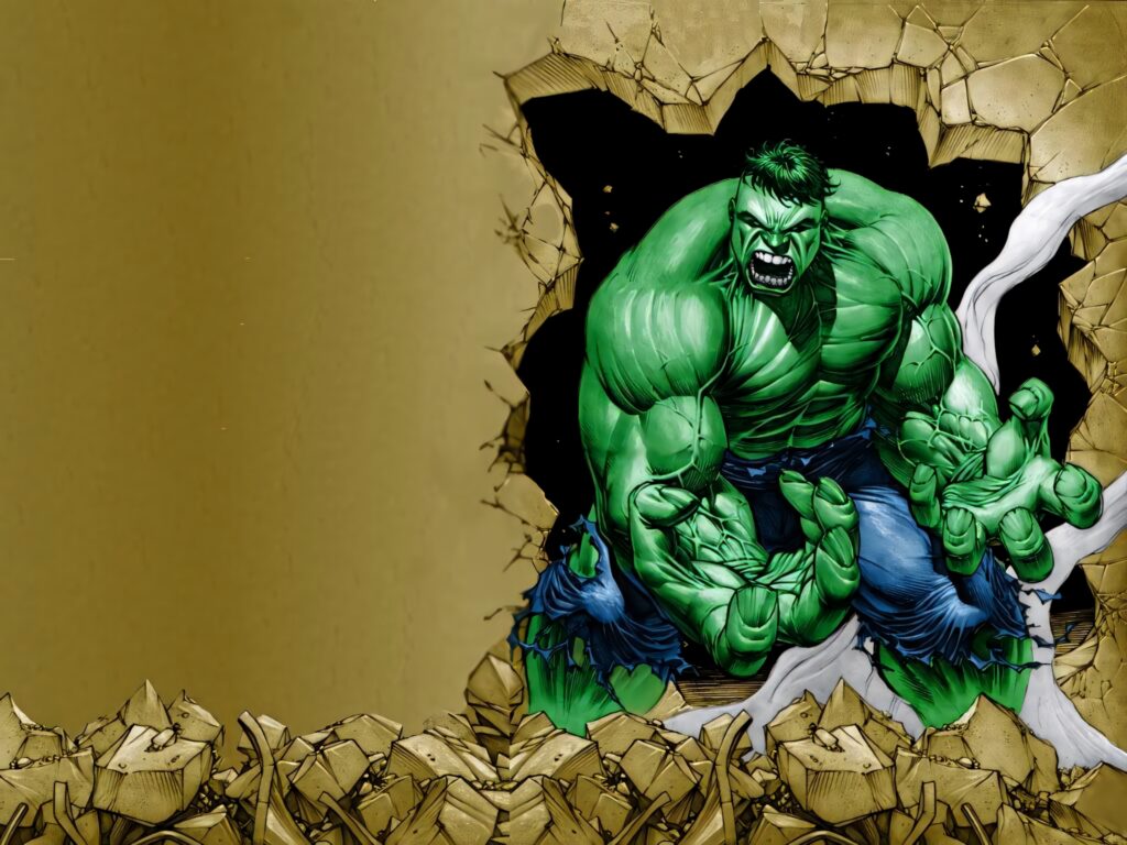 Powerful Hulk Wallpaper: Raging Pose Breaking Through Wall Background