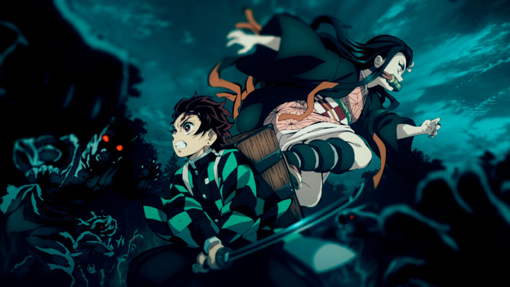 Siblings Unleashed: Intense Demon Slayer Battle Scene Illustrating Tanjiro and Nezuko's Remarkable Bond Wallpaper
