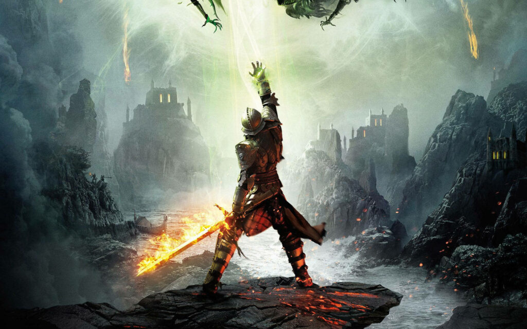 Knight on cliffs raising glowing hand at dragon fiery sword blazing dramatic fantasy art wallpaper