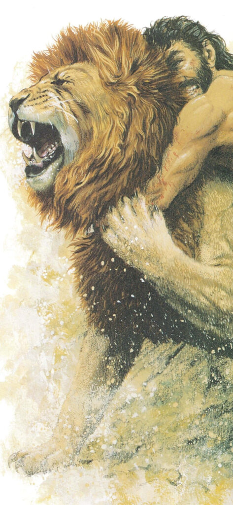 Epic Wall Art: Man vs Lion - Strength & Determination Scene Wallpaper
