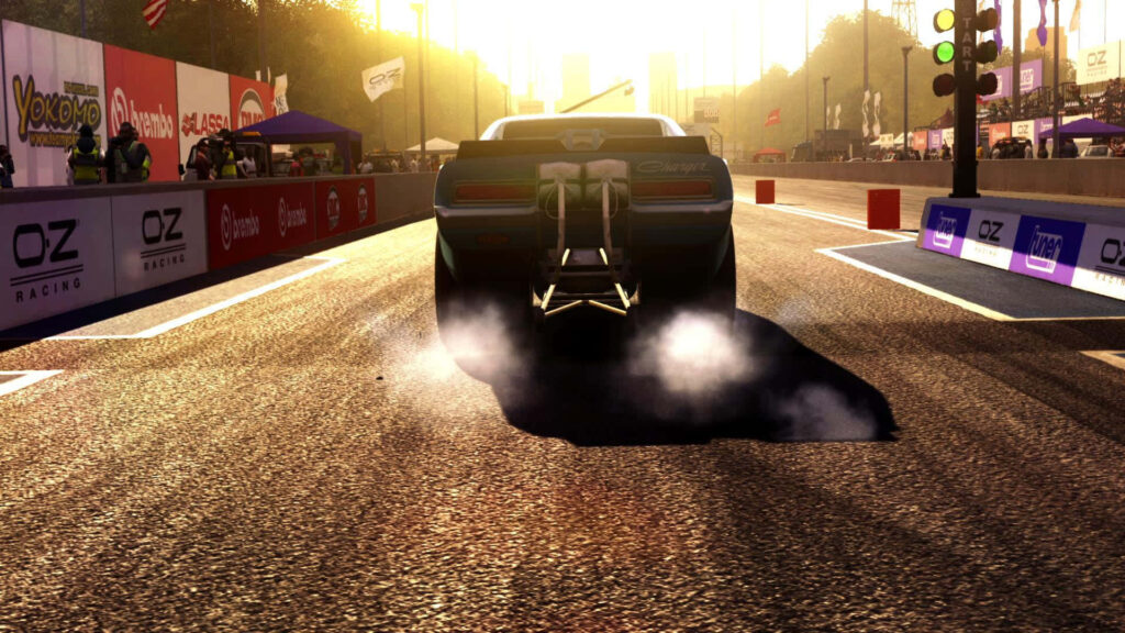Muscle car accelerating on sunlit race track high speed action GRID Autosport HD wallpaper