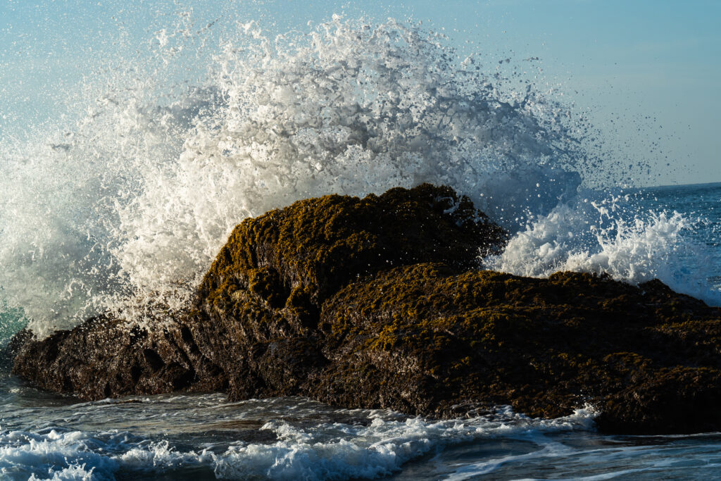 Waves crashing on rugged rocks with sea foam and vibrant moss under bright daylight sky Wallpaper