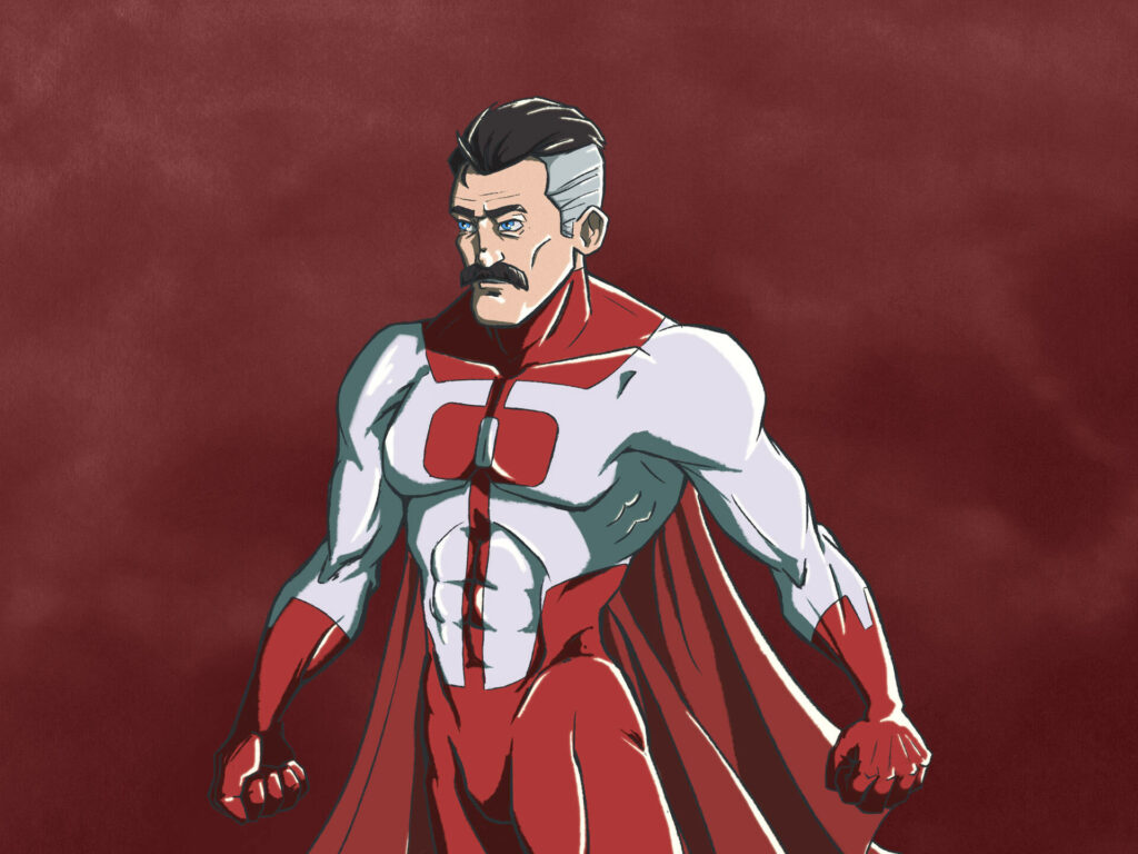 Omni-Man Wallpaper: Muscular Superhero on Dark Red Background