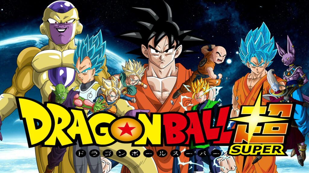 Dragon Ball Super Wallpaper: Goku, Vegeta, Frieza in Cosmic Showdown against DRAGON BALL SUPER Logo on Vibrant Background