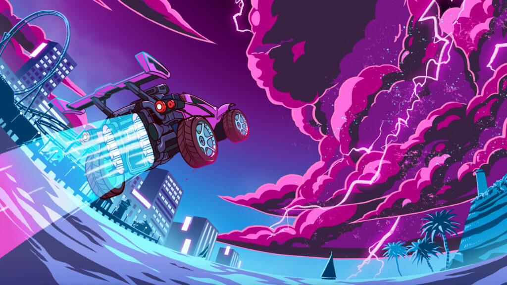 Lightning Striker: Rocket League Battle Car in Action amidst Vivid Pink Skies and Vibrant Surroundings Wallpaper