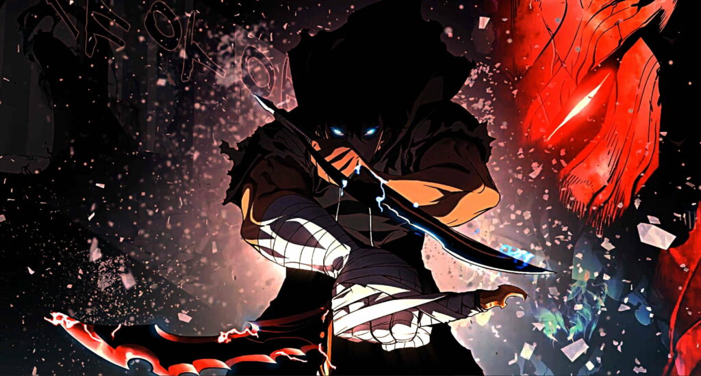 Powerful Contrast: Red & Blue Jin Woo Unleashed in Solo Leveling Manga HD Wallpaper