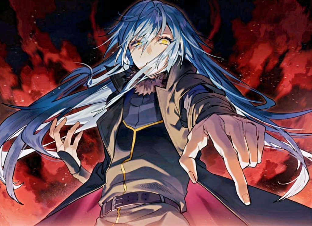Rimuru Tempest anime wallpaper with blue hair golden eyes reaching out red smoke background