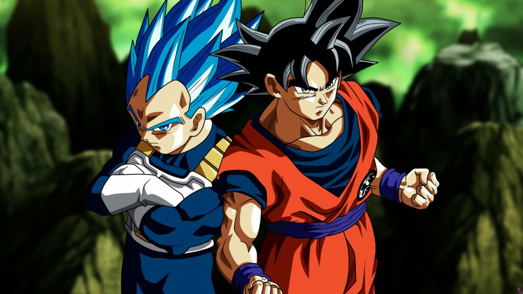 The Dynamic Saiyan Duo: Goku and Vegeta Unleash Their Power in Dragon Ball Super Wallpaper