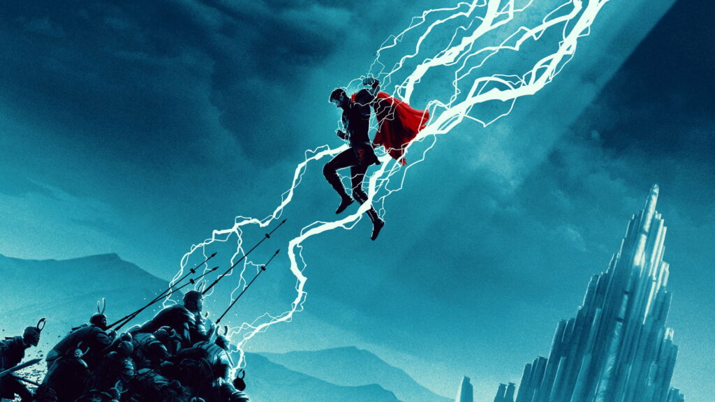 Thor Ragnarok concept art of God of Thunder flying stormy sky with lightning and red cape Wallpaper