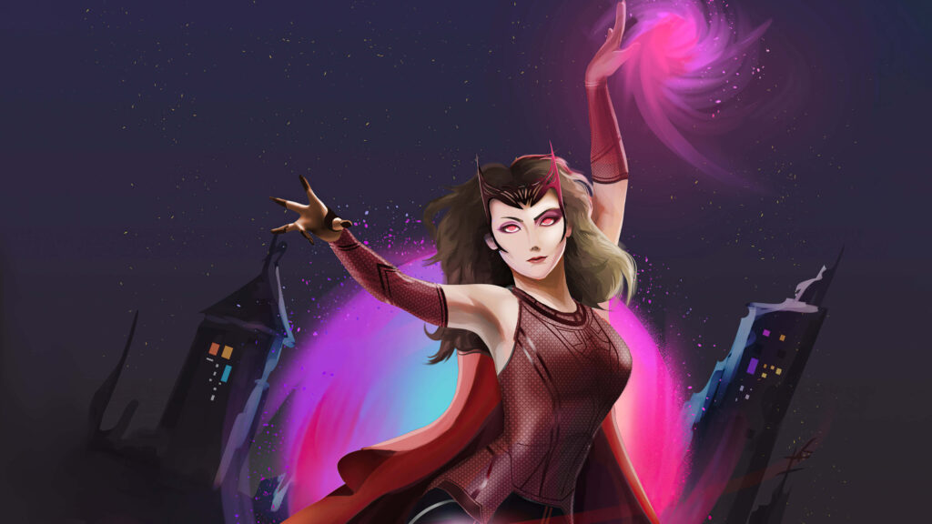 Powerful witch casting glowing spell with vibrant magic under starry night and dark buildings Wallpaper