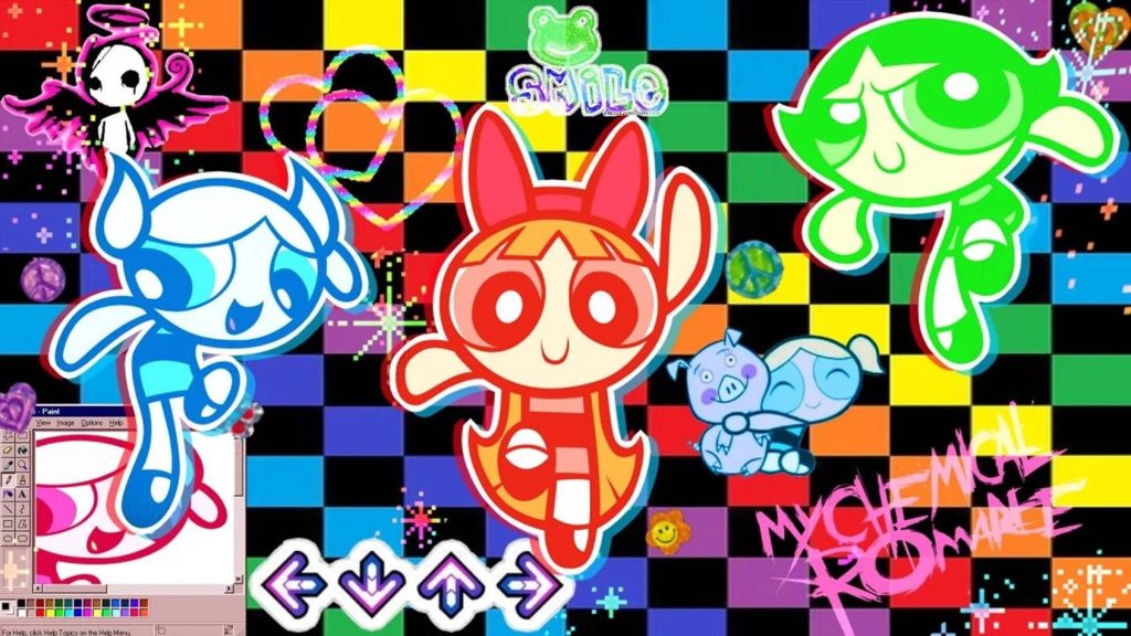 Powerpuff Girls Kidcore wallpaper with rainbow checkerboard Y2K Microsoft Paint retro vibe