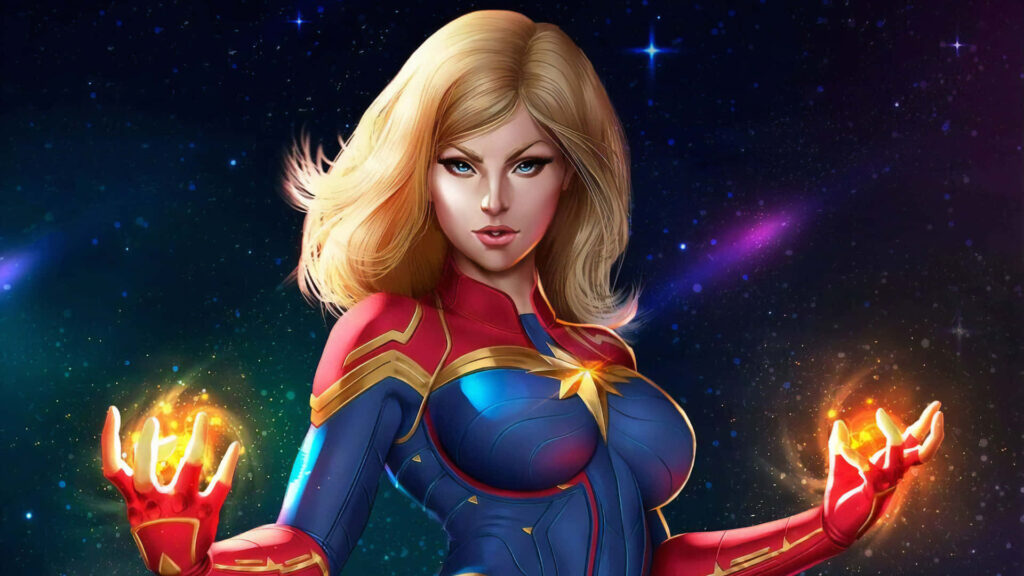 Brie Larson Empowers as Captain Marvel, Defiantly Unleashing Cosmic Strength Amidst Celestial Majesty Wallpaper
