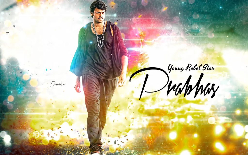 Prabhas Young Rebel Star dynamic wallpaper black outfit vibrant light flares colorful bokeh sparks