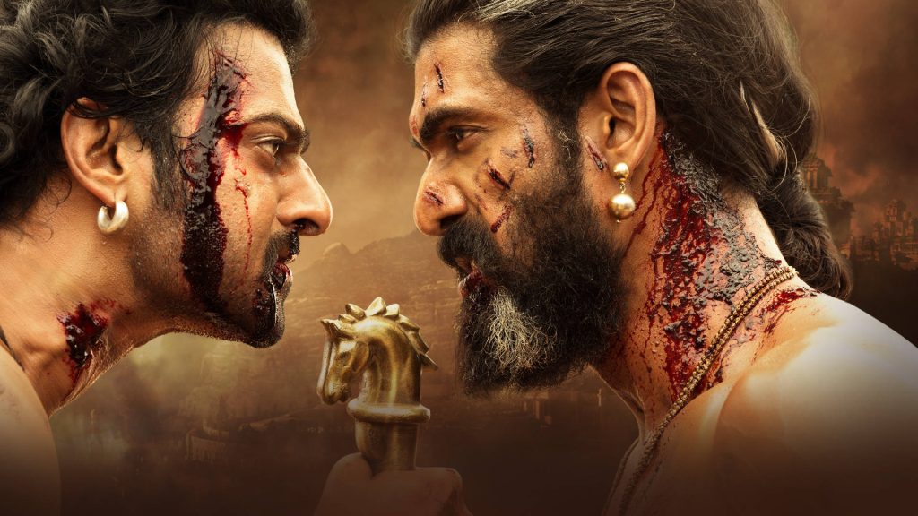 Prabhas and Rana Daggubati intense Baahubali battle face off blood-stained faces wallpaper background