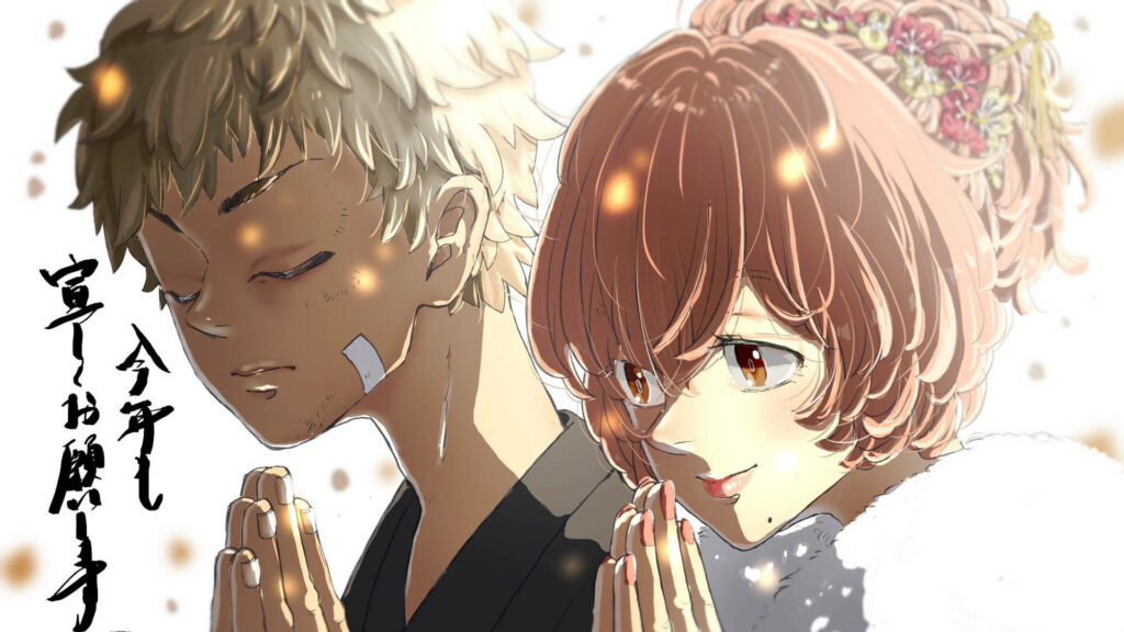 Prayerful Moments: Delightful Takemichi and Hinata Wallpaper from Tokyo Revengers Manga