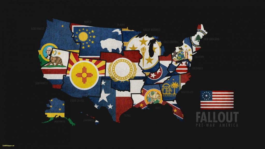 Fallout digital wallpaper USA map 13 Commonwealths regional flags pre-war America design