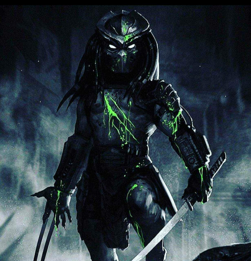 Menacing Predator with glowing green markings emerging from shadows in Ultimate Alien Hunter wallpaper