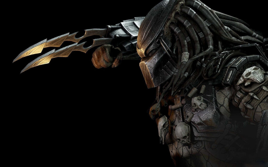Predator Celtic with retractable claws battle armor and skull trophies dark wallpaper background