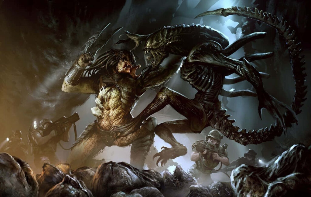 Predator Celtic fighting Alien Queen in icy Antarctic cavern with armed soldiers in background wallpaper
