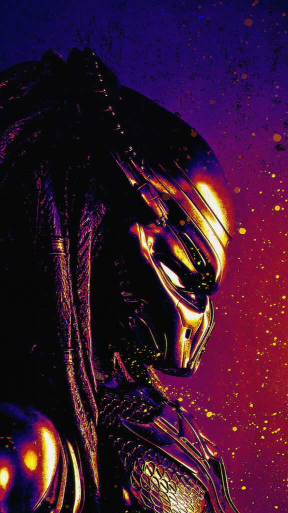 Close-up of iconic Fugitive Predator in vivid 4K with glowing highlights on purple orange background Wallpaper