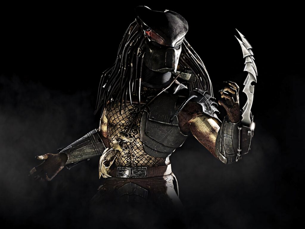 Menacing Predator in advanced armor blending into shadowy forest ready for stealth action wallpaper