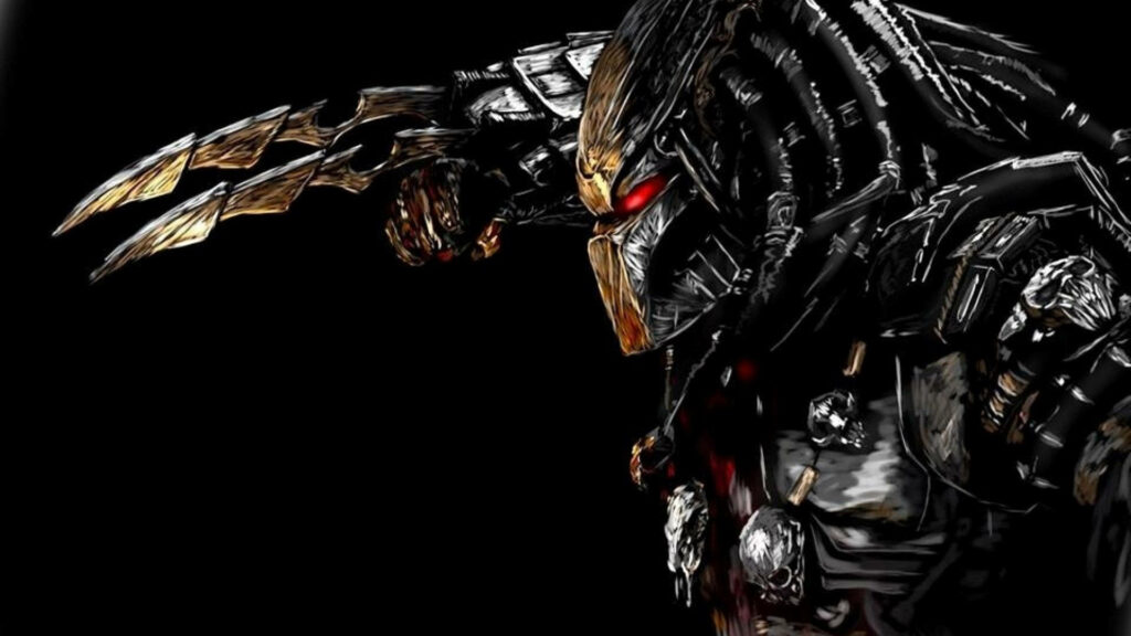 Menacing Predator with glowing red eyes and sharp claws stands ready against dark background Wallpaper