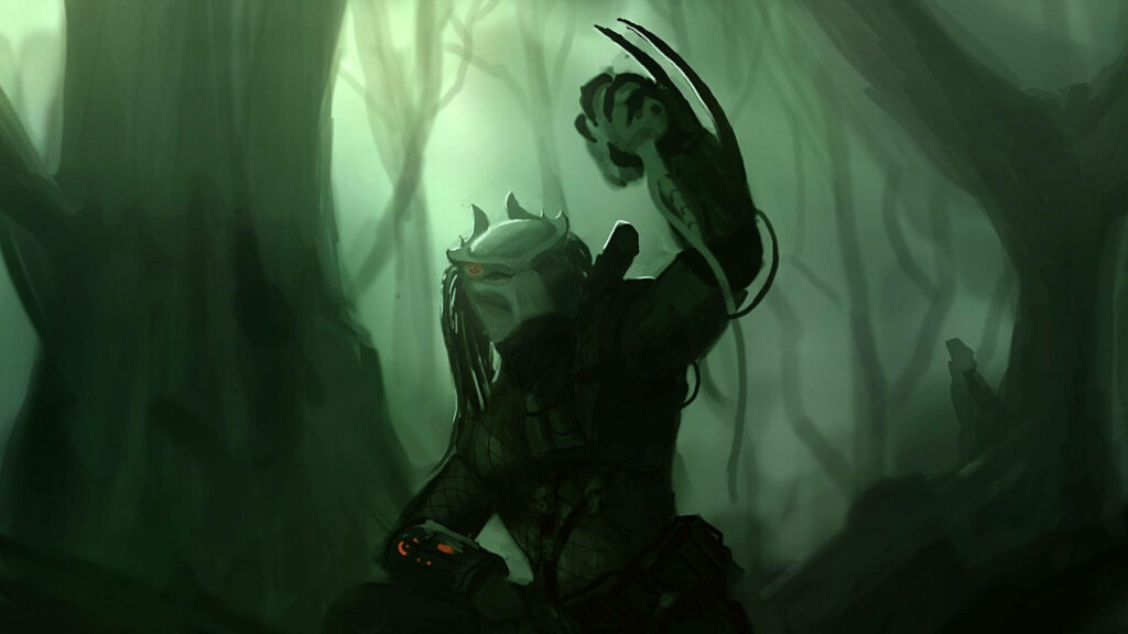 Menacing Predator in shadowy misty forest ready to hunt intense eerie wallpaper background
