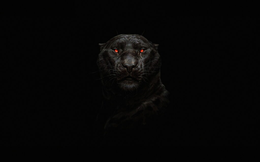 The Fierce Monarch: A Minimalistic Black Panther with Piercing Red Eyes Sets the 5K Wallpaper Ablaze