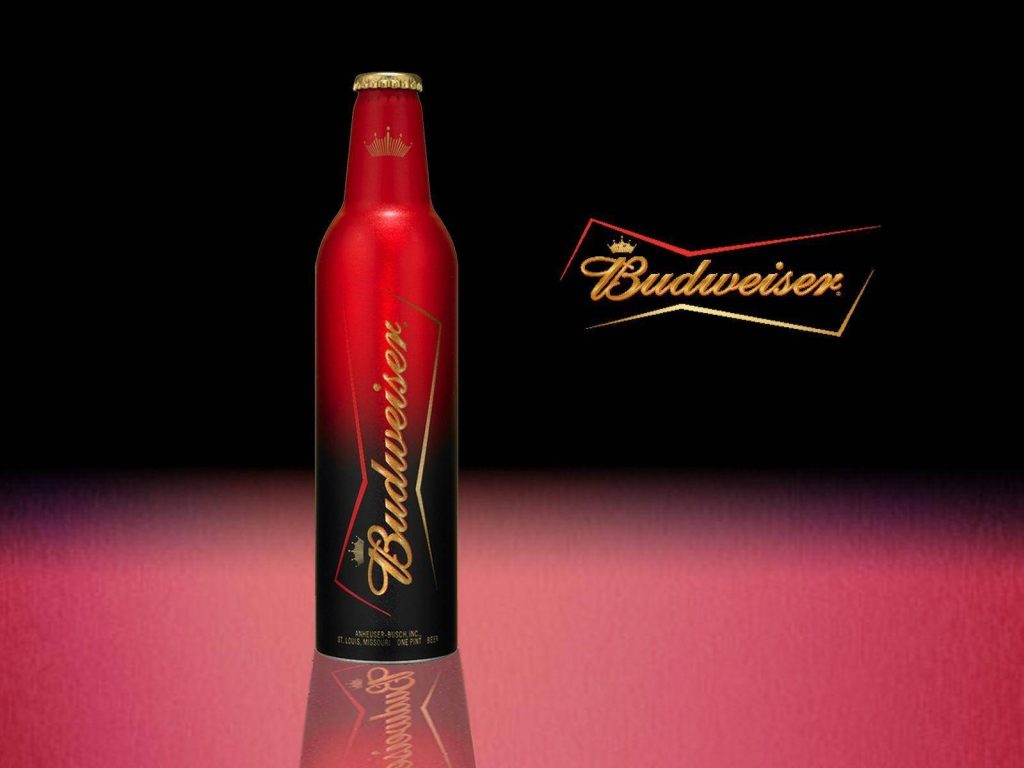 Premium Budweiser metallic red beer bottle wallpaper on moody reflective background for fans