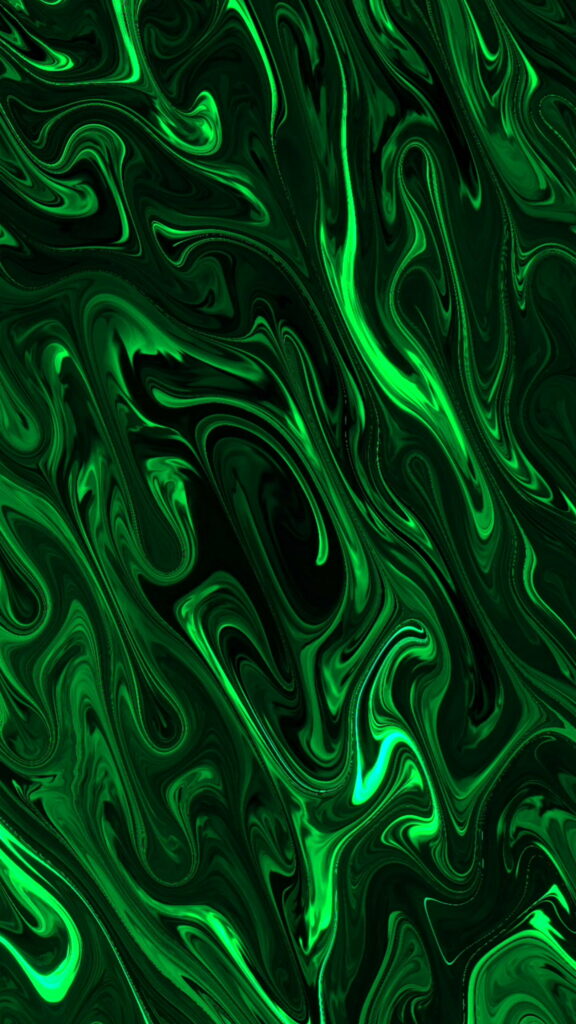 Neon green fluid art swirls on black background abstract marble wallpaper high-energy desktop