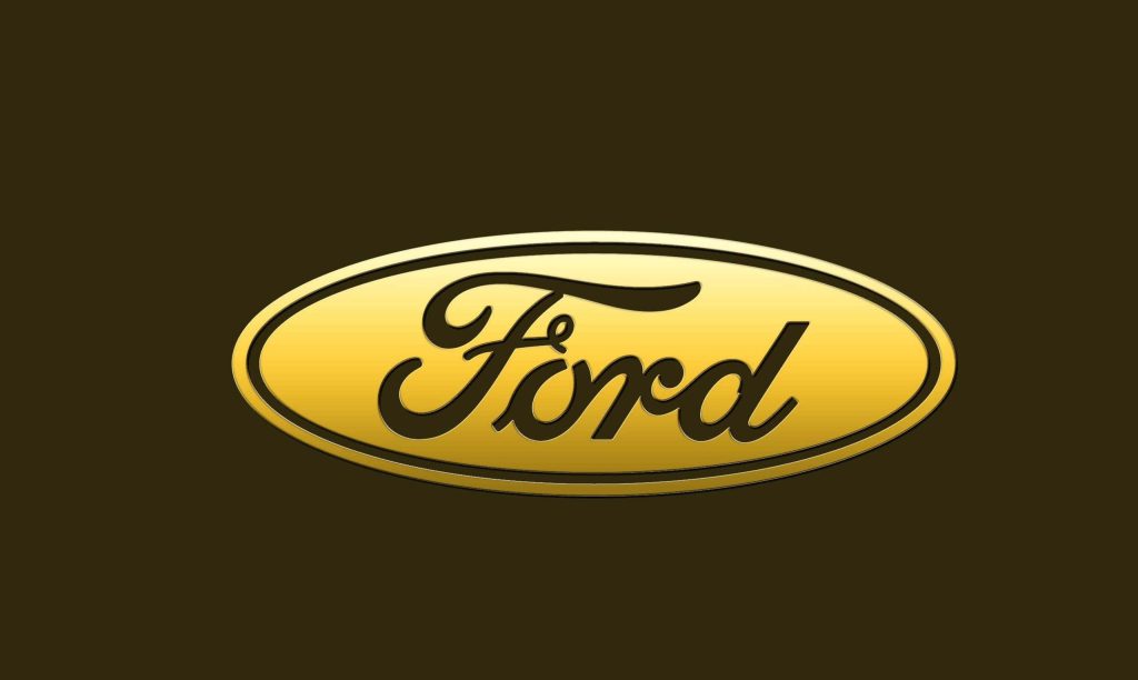 Premium Ford Motor Company gold logo wallpaper with 3D effect on deep olive background for desktop