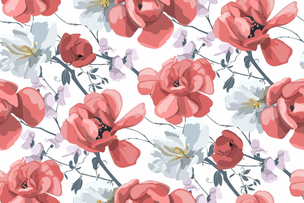 Seamless floral pattern with vibrant red white blossoms charcoal stems and lavender buds wallpaper background