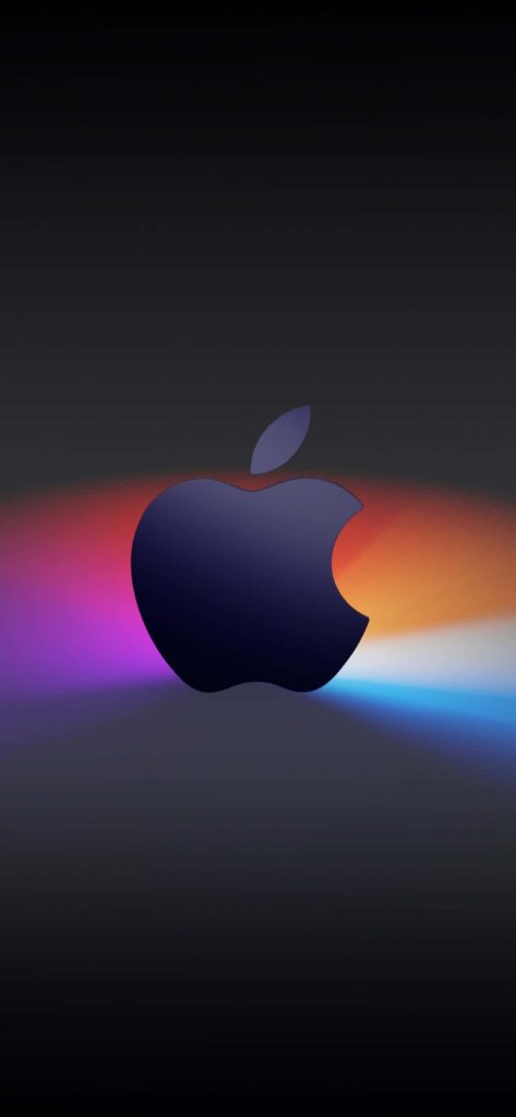 Sleek iPhone wallpaper with Apple logo and vibrant purple orange blue light gradients background