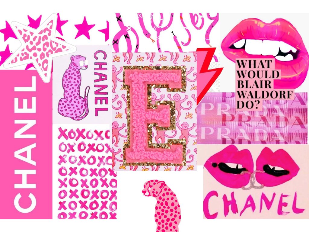 Vibrant pink preppy wallpaper with gold E Chanel logos leopard print lipstick kisses Blair quote
